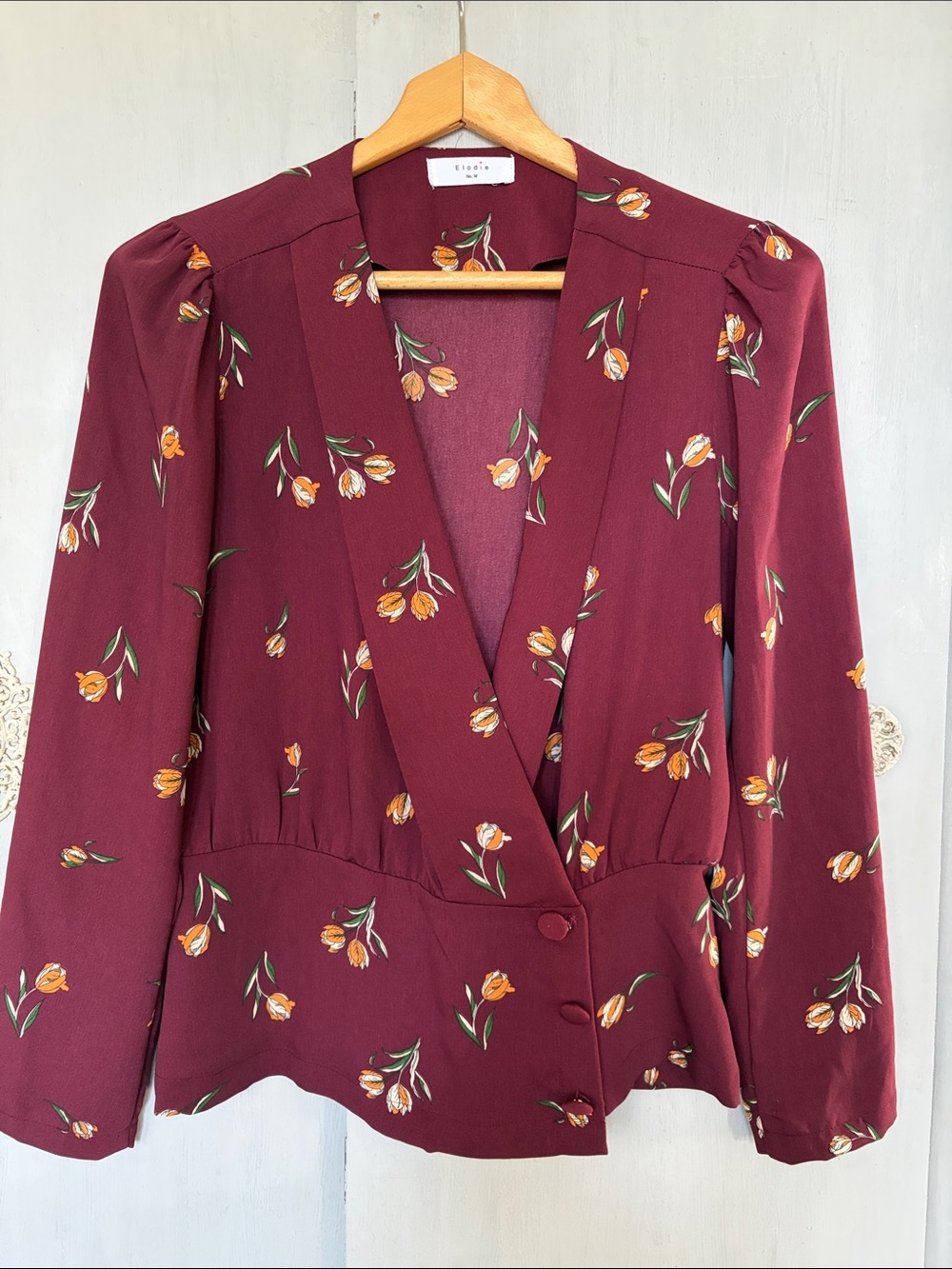 Elodie Burgundy Floral Wrap-Style Blazer
